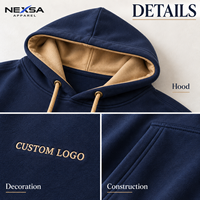 Sweat-shirts et sweats à capuche pour hommes en coton bleu marine foncé personnalisés sous marque privée, avec doublure de capuche contrastante kaki, cordon de serrage et motif graphique en lettres, style décontracté