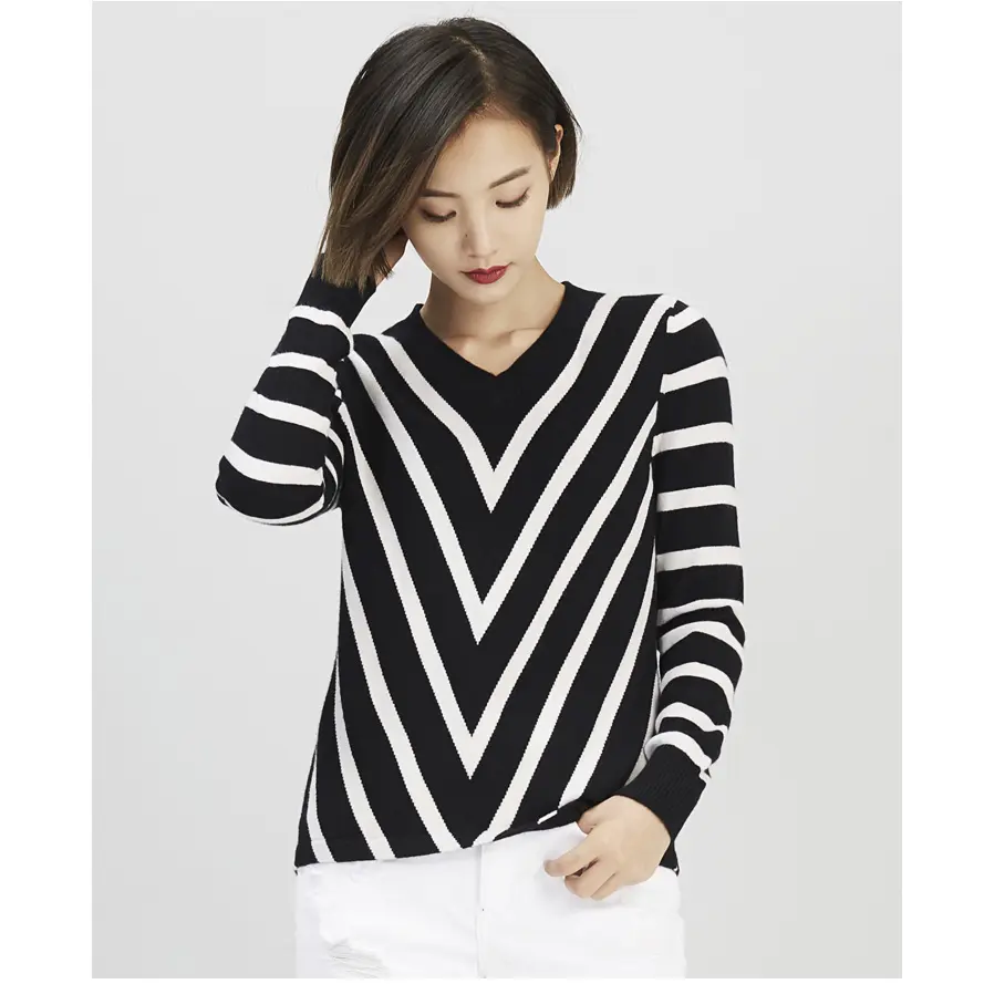 Sweater Factory Ladies Fashion V Neck Stripe Black And White Knit Cashmere Sweater