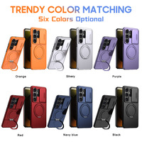 Funda Magnética con Sensación de Piel para Samsung Galaxy S26 25 24 Ultra, 360° °   Funda Antigolpes con Anillo Giratorio y Cubierta Deslizante para Cámara