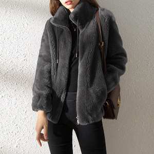 Women's Faux Fur Coat Stand Collar Thickened Warm Loose Korean Style Zipper <b>Cardigan</b> Solid Color Brown - Product Image 2
