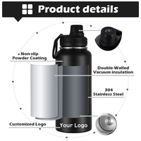 Bouteille d'eau sport intelligente à double paroi, 32 oz, en acier inoxydable 304, isolée sous vide, avec affichage de la température, anti-fuite, sans BPA