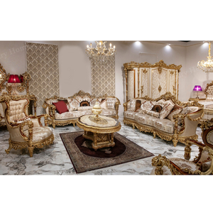 Set di Arredamento per Soggiorno di Lusso in Stile <span class=keywords><strong>Turco</strong></span>, Divani in Velluto Intagliati a Mano, Poltrona in Legno, Tavolino Dorato - Product Image 1