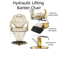 Sillón de Barbería Hidráulico Reclinable, Silla de Estilismo de Salón en Cuero Sintético Beige con Reposabrazos Dorado para Peluquería y Belleza