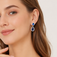 Boucles d'oreilles pendantes double halo en saphir bleu pour mariée, plaqué argent, pavé de CZ étincelant, hypoallergéniques, bijoux de mariage OEM/ODM 2026