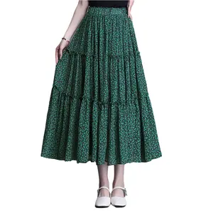 Pleats Floral Print Midi Skirt Plus Size for Women High Waist Elasticized Skirts Clothing Casual Skirts Customized Size Chiffon