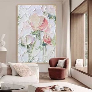 Pintura al Óleo Pintada a Mano, Flores con Textura Gruesa, Arte Decorativo Moderno y Minimalista para Sala de Estar, Fondo de Sofá, Marco de Madera - Product Image 1