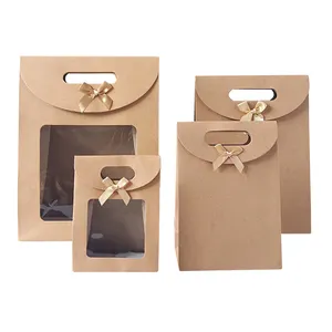 Benutzer definierte Flip gestanzte Griff braun haltbare Kraft papier Geschenk beutel mit dekorativen Bowknot und klaren Fenster Verpackung Süßigkeiten Kleidung