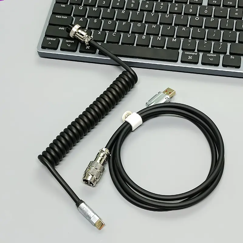 Customized Colorful Zinc Alloy Aviation Spring Cable PU LED Luminous Coiled Cable Mechanical Keyboard Cable Coil