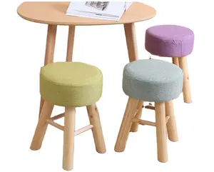 Round Ottoman Foot Stool Upholstered Padded Pouf with Wooden Legs Linen Fabric Cover