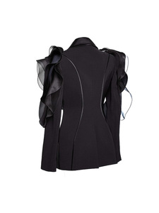 Abito da donna nero traspirante con patchwork in <span class=keywords><strong>pizzo</strong></span> 3D, colletto a scialle asimmetrico e maniche lunghe. - Product Image 3
