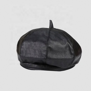 Autumn and Winter PU Leather <b>Beret</b> <b>Women</b> Black British Retro Leather Octagonal Hat - Product Image 5