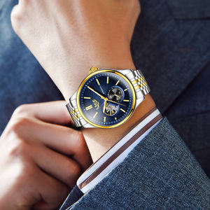 Montre mécanique automatique sophistiquée à vendre, en acier, avec cadran bleu or blanc, squelette, tourbillon, montre de luxe pour homme - Product Image 6