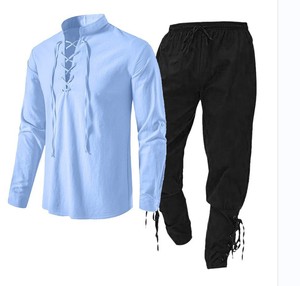 Camisa de pirata renacentista medieval para hombre, manga larga, cuello levantado, gótico, con cordones, pantalones con bandas en el tobillo, <span class=keywords><strong>disfraz</strong></span> vikingo - Product Image 2
