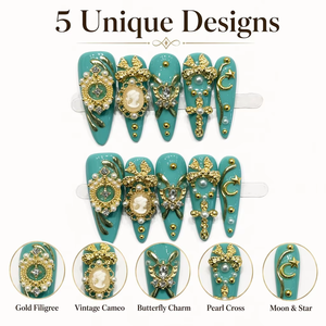 Uñas Postizas de Lujo Verdes, Estilo Stiletto, Acrílicas, con Perlas, Diamantes de Imitación Dorados, Pre-Diseñadas, 10 Piezas para Fiesta - Product Image 3