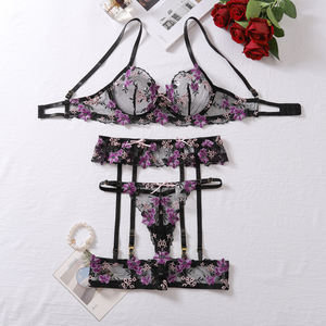 Ensemble sexy 4 pièces pour femmes, dentelle lavande, broderie florale, lingerie française, soutien-gorge et string en maille ultra-fine avec anneaux de jambe - Product Image 1