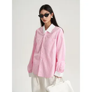 Cotton Blouses Stripe Casual Loose Shirt Lapel Single Breasted Cardigan Shirt Studio Clothing Tops for Women Strong Enough Pink