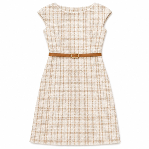 Vestido <span class=keywords><strong>Omen</strong></span> Tweed, Corte A, Cuadros, Sin Mangas, Cuello Barco, con Cinturón, Color Crema Beige, para Fiesta o Cóctel - Product Image 1