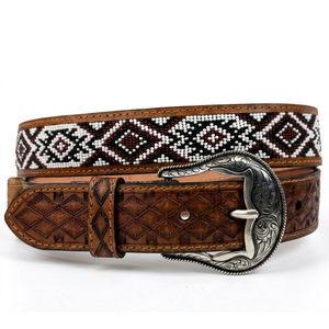 Cinturón Vaquero Occidental Vintage de Cuero Genuino OEM ODM, Hecho a Mano con Cuentas Bordadas y Aleación de Alta Resistencia, Personalizable con Logotipo para Hombre - Product Image 1