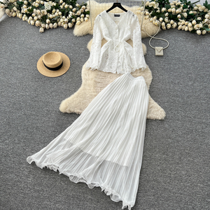 Herbstliches zweiteiliges Set für Damen: Tunika-Bandage-Top und hochtaillierter Spitzenrock – Großhandel - Product Image 3