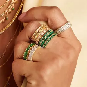 YINJU 925 Sterling Silver 18k Gold Vermeil Baguette Wedding Eternity Ring Jewelry