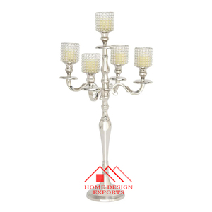 Centros de mesa Candelabro de aluminio con candelabro votivo de vidrio de 5 brazos para decoración de boda Candelabros de oro antiguo Best Seller - Product Image 5