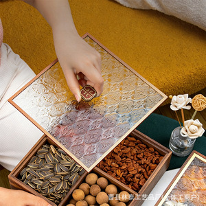 Wood Style Square <b>Storage</b> <b>Tray</b> With Lid 4-7 Compartments For Snacks Dried Fruits Tea Time Home Living Room Use - Product Image 2