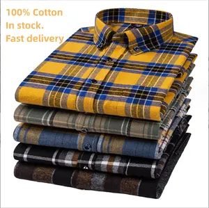 Printemps et automne 100% chemise à carreaux en laine moulue en coton jeune et d'âge moyen chemise décontractée en coton sans repassage pour hommes