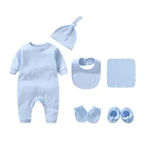 100% Cotton Plain Solid Color Baby Clothing Newborns Gift Sets (Romper, Hat, Bib, Gloves, Foot Cover& Towel)