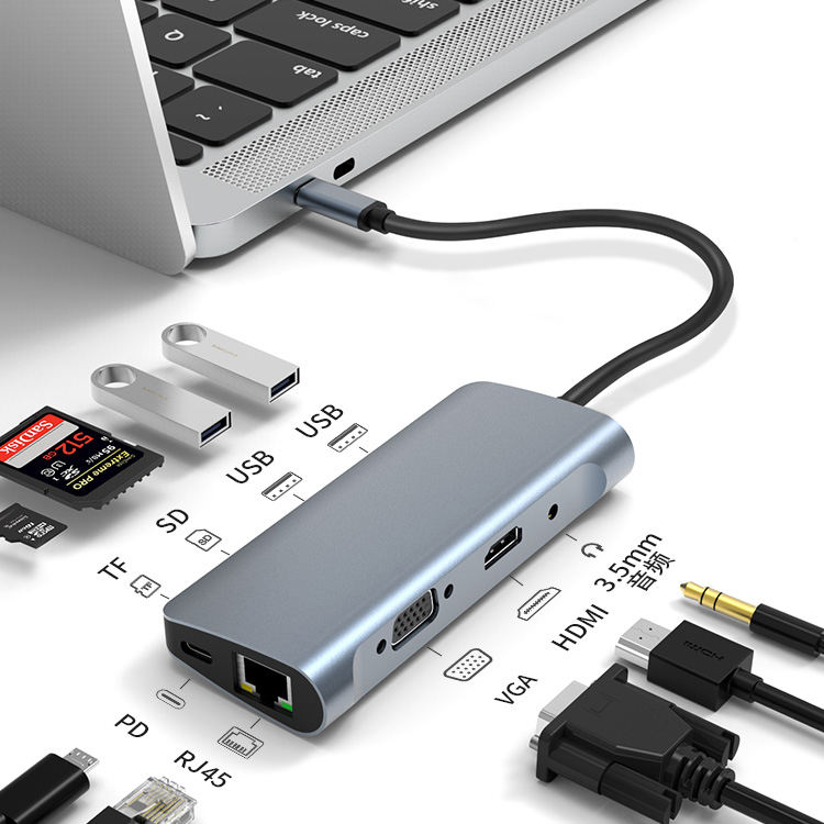 OEM Aluminum Usb 3.0 Hub 9 Ports With RJ45 Network Adapter 4k HDTV High Speed Hub 9Ports Usb 3.0 9 in 1 Hub