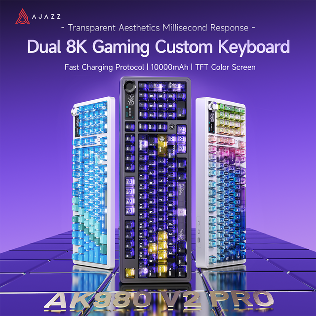 AJAZZ AK980 V2 Pro Gaming Mechanical Keyboard Tri-Mode Wired//2.4G/BT Dual 8K Polling Rate With Color Screen 10000mAh Keyboard