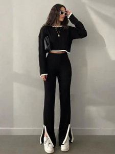 Split Knit O Neck Attaché Avant Crop Tops Pantalon Large Femmes Deux Pièces Ensembles - Product Image 4