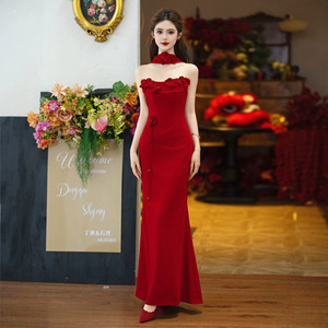 Red Strapless Mermaid Evening Gown With Floral Print Natural Waistline For Wedding Banquet And Coming Of Age Ceremony - Product Image 1