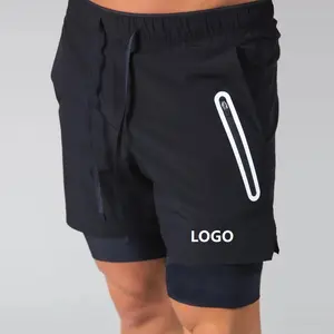 Shorts 2 em 1 de poliéster, logotipo personalizado, secagem rápida, dupla, para corrida, treinamento, academia, fitness, masculino, com bolsos