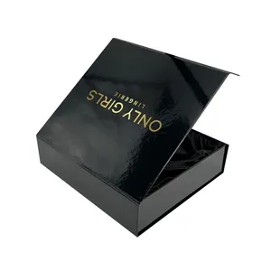Caixa de papel dobrável com logotipo personalizado, caixa de presente magnética com tampa magnética, preta fosca luxuosa com estampagem a quente brilhante