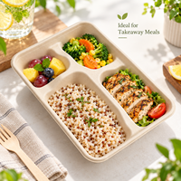 Plateau rectangulaire biodégradable en bagasse à 4 compartiments pour la préparation des repas, les stands de restauration, les événements et la restauration en gros