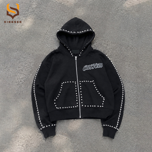 Sweat-shirts à capuche zippés pour hommes, style streetwear Y2K, en molleton épais noir, coupe oversize, avec poche brodée de perles, OEM ODM. - Product Image 1