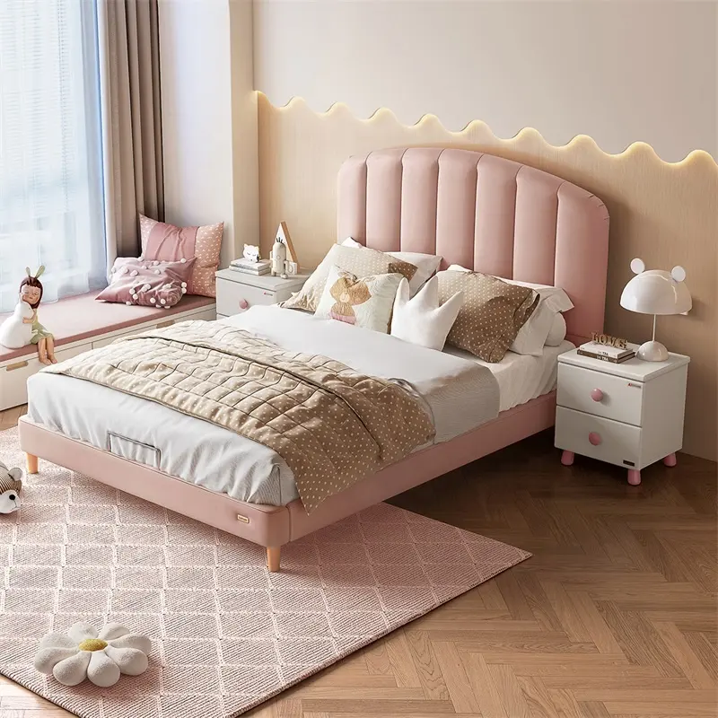 116031 Quanu wholesale pink color cute modern design single kids beds for girls bedroom furniture wood bed frame