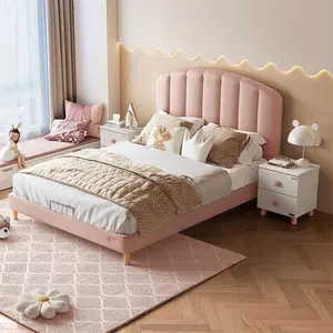 116031 Quanu Wholesale Pink Color Cute Modern Design Single Kids Beds For Girls Bedroom Furniture Wood Bed Frame