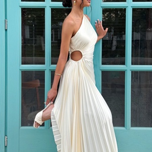 Custom Women One Shoulder Pleated Maxi <b>Dress</b> Waist Cutout Asymmetrical Hem Evening Party Wedding Guest Gown - Product Image 3