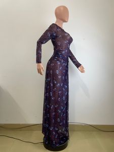 Abito lungo in rete stampato all-over 2026 da donna con spacco alto, design arricciato, sexy e aderente per tutti i giorni - Product Image 2