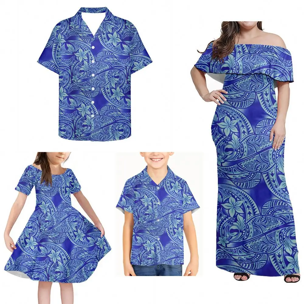 Matching Outfits For Family Holiday Polynesian Tribal Blue Frangipani Print Custom Design Mother Son Daddy Girls' Clothing Sets