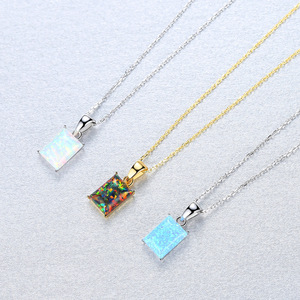 S925 Silver Blue Opal Pendant Necklace Rhodium Plated Claw Setting Square Classic Style Unisex Everyday Wear <b>Box</b> Chain - Product Image 4