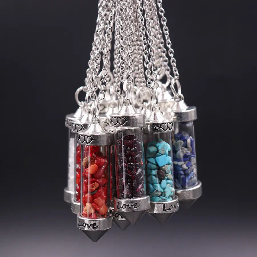 Vente directe d'usine cristal naturel Double pointe bouteille en verre conique pendentif en pierre concassé pour cadeau souvenir