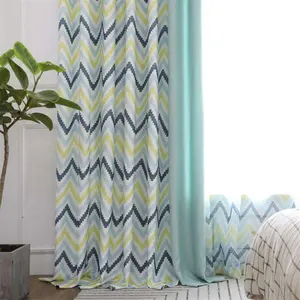 客厅卧室批发环保窗帘波浪图案印花蓝色遮光窗帘
