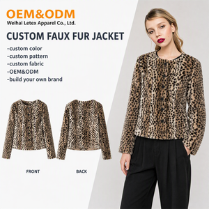 Veste en fausse fourrure imprimé léopard pour <span class=keywords><strong>femme</strong></span>, vente en gros ODM, logo personnalisé, faible MOQ, manteau court chaud à col ras du cou boutonné pour <span class=keywords><strong>femme</strong></span> - Product Image 1
