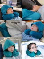 Oreiller de voyage cervical gonflable en velours en forme de U, avec capuche de protection, portable et personnalisable pour avion et transport rapide, pour adulte