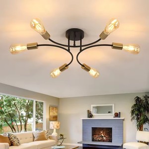 <strong>Sputnik</strong> Ceiling <strong>Light</strong> <strong>Fixture</strong> 6-<strong>Light</strong> Black and Gold Curved Shape <strong>Sputnik</strong> Chandelier Industrial Metal Semi Flush Mount Ceiling - Product Image 1