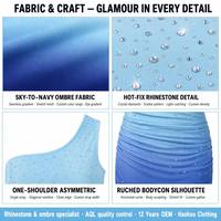 Robe longue moulante asymétrique sans manches à strass et froncée bleu dégradé pour femme, idéale pour les soirées, vente en gros, fabrication OEM