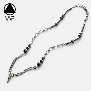 VAF 50CM Black Gemstone Zircon Link Taper Pendant Stainless Steel Necklace Collier Acier Inoxydable