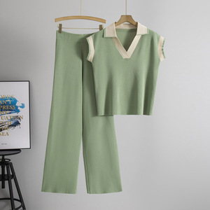 Women's New Loose Casual V-Neck Sleeveless Knit <b>Top</b> Pants 2 Piece Set Fashion - Product Image 3